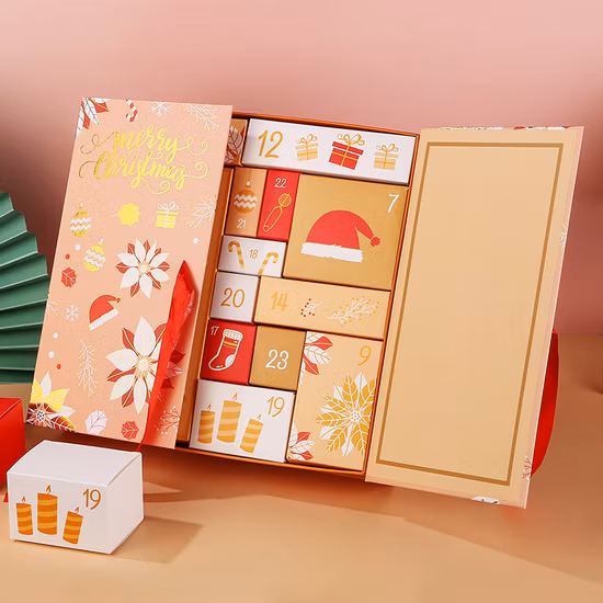 Индивидуальный дизайн Пустой адвент-календарь на 24 дня Рамадан Обратный отсчет Слепой подарок Шоколадные конфеты Игрушка Ювелирные изделия Свеча FSC Бумага Еда Подарочная упаковка Коробка